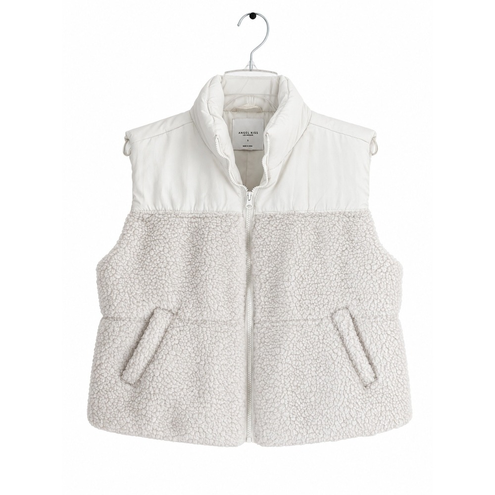 Angel Kiss Los Angeles Women White Mixed Media Faux Shearling Puffer Vest Large